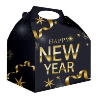 Scatola Happy New Year nera e oro 20 x 16 x 11 cm - 12 pezzi.