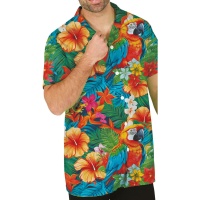 Camicia hawaiana con fiori e pappagalli per adulti