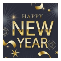 Tovaglioli Happy New Year nero e oro 16,5 x 16,5 cm - 16 pz.