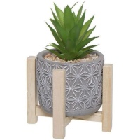 Pianta di cactus artificiale con bordo grigio Vaso con base in legno 11,5 x 21 cm